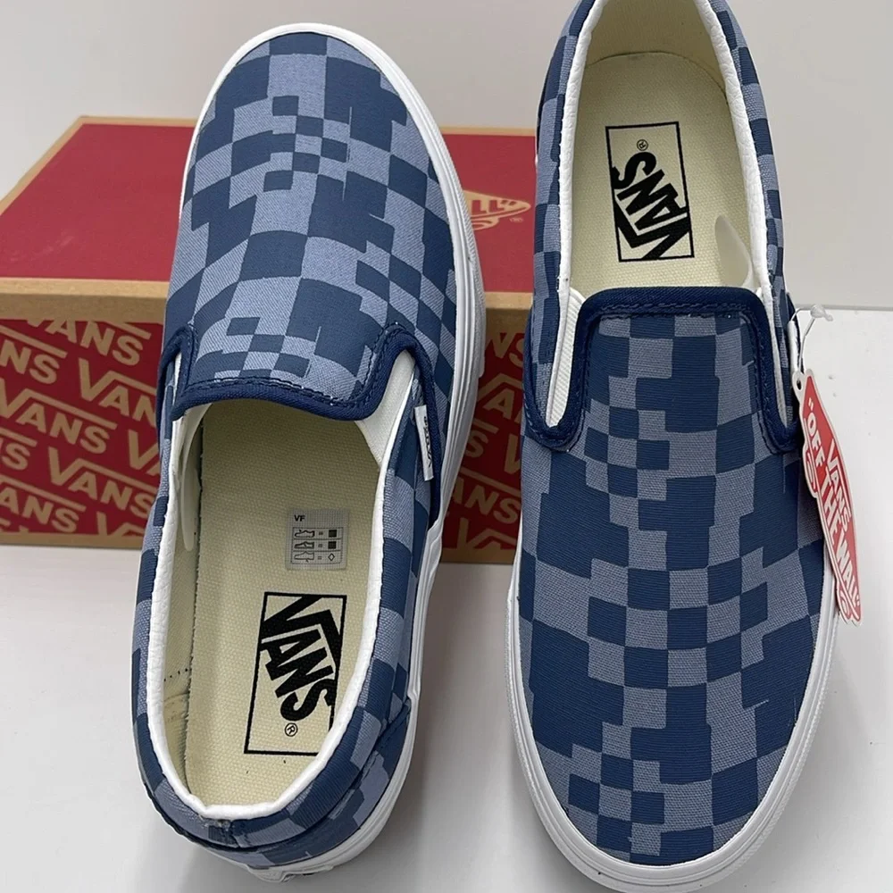 Vans WMNS Blue Checkered Classic Slip-On Sneakers Platforms Multi Check Blue